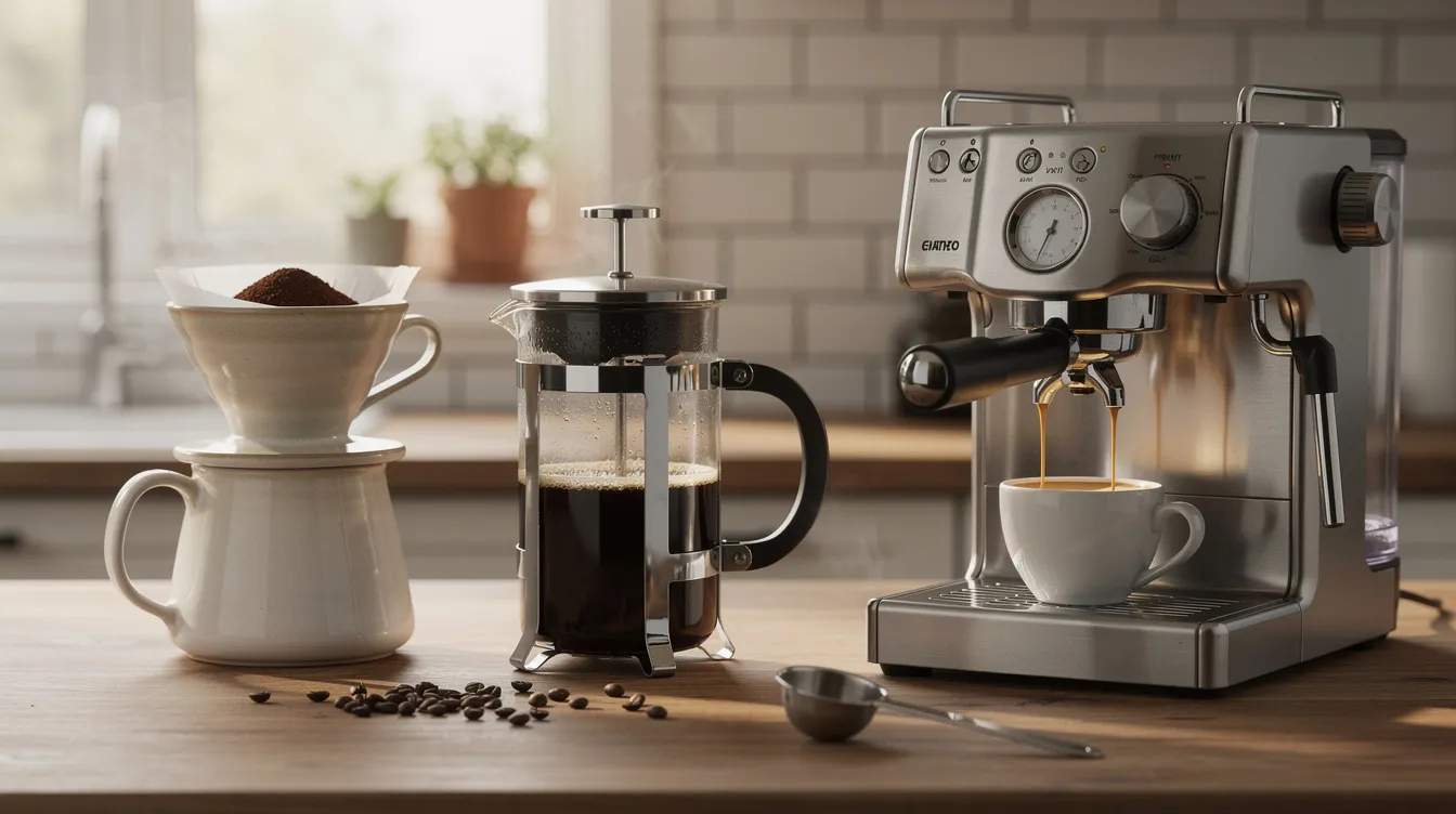 The image showcases an array of coffee brewing equipment, including a pour-over dripper, French press, and espresso machine, all neatly arranged on a kitchen counter, perfect for coffee lovers looking to explore various brewing methods for their morning cup. This setup highlights the essentials for making delicious coffee, whether using freshly roasted beans or experimenting with specialty coffee from local coffee shops or online coffee retailers.