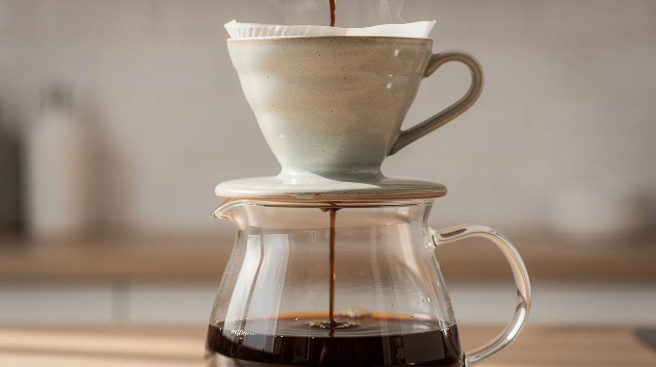 A ceramic pour-over dripper is positioned atop a glass carafe, with freshly brewed decaf coffee dripping through, showcasing the rich aroma and flavor profile of this delightful drink. The scene captures the essence of coffee lovers enjoying a smooth and balanced cup, perfect for any time of day.
