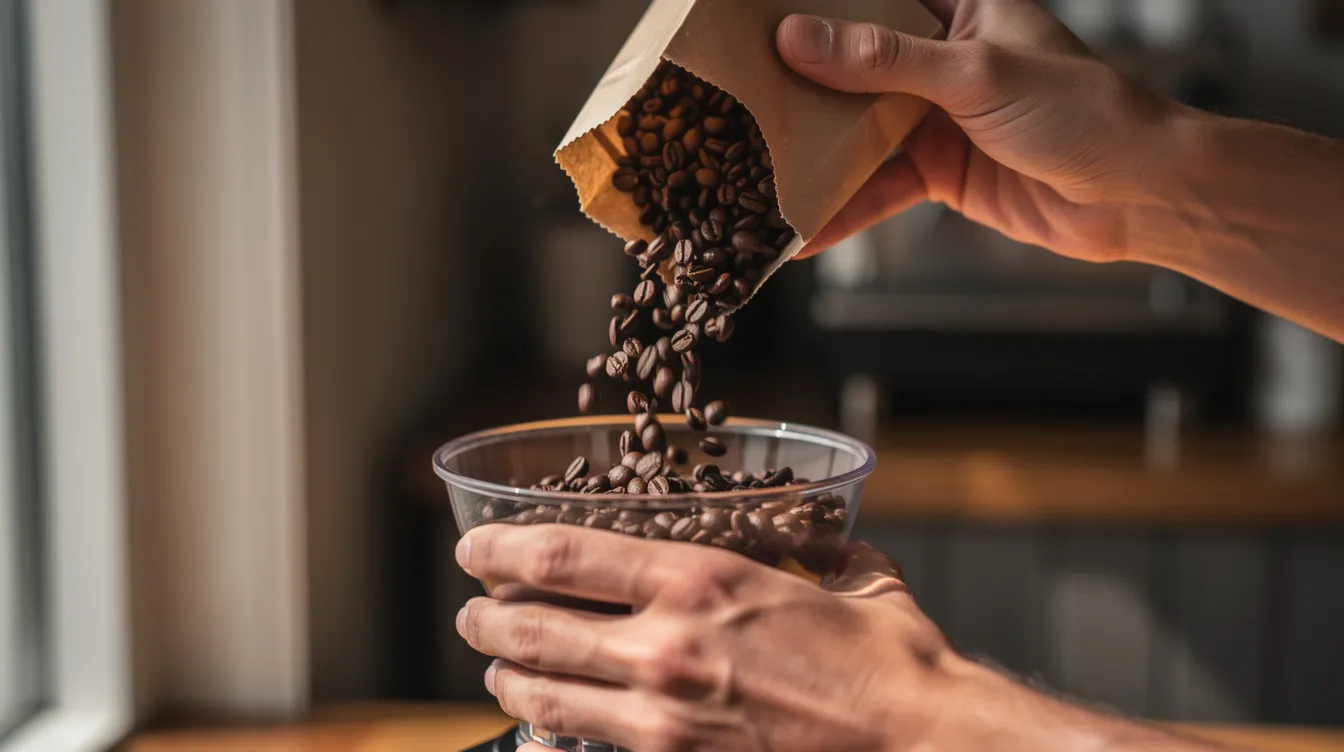 A pair of hands is holding a bag of freshly roasted coffee beans, pouring them into the hopper of a grinder. This image captures the beginning of the coffee journey, essential for making great espresso with an automatic espresso machine.