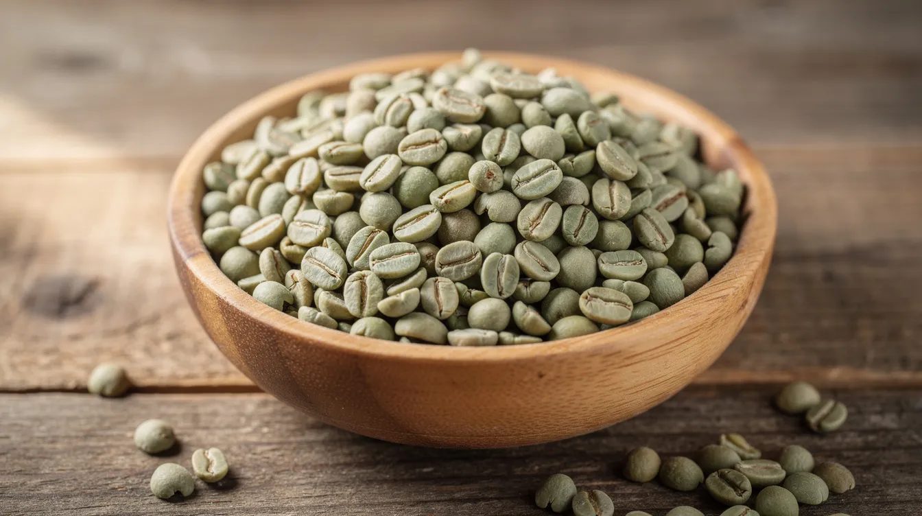 A wooden bowl filled with green unroasted coffee beans sits on a rustic surface, showcasing the raw form of high-quality coffee beans before the roasting process. These green coffee beans are essential for making decaf coffee and are valued by coffee drinkers for their potential in creating flavorful decaffeinated coffee blends.