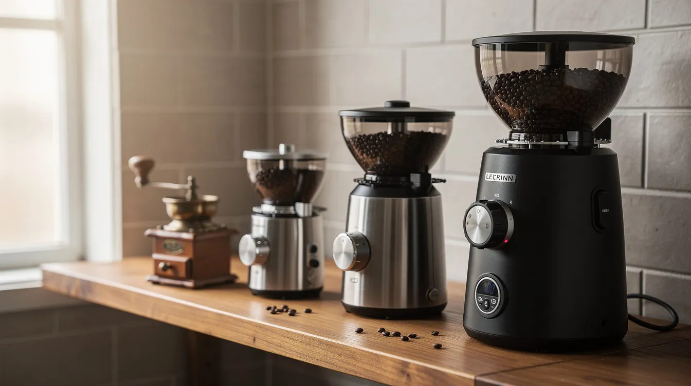 The image features a variety of coffee grinders, including manual and electric models, arranged in order of size on a wooden kitchen shelf. This display showcases different types such as burr grinders and blade grinders, highlighting options for coffee enthusiasts seeking the best coffee grinder for their brewing methods.