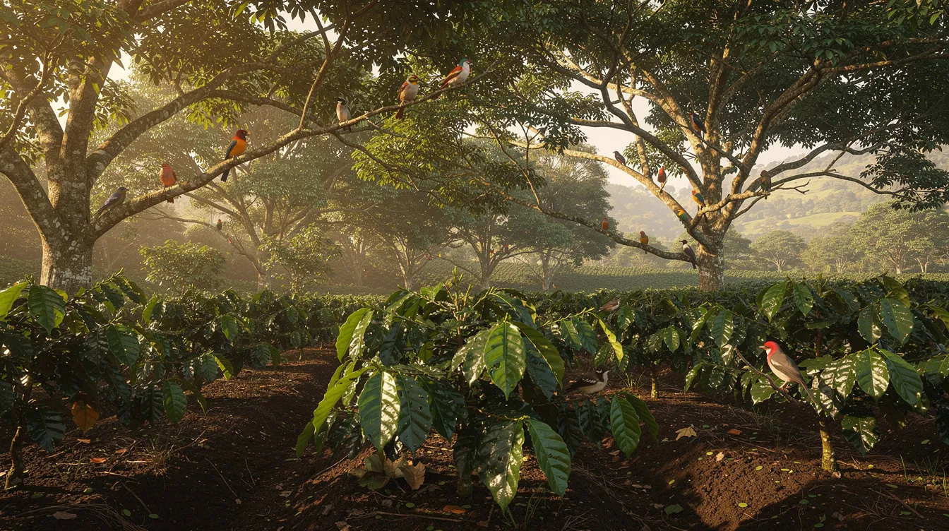 The image depicts a lush canopy of diverse trees providing shade over a coffee farm, with colorful birds perched on the branches, illustrating the concept of shade grown coffee that promotes sustainable farming practices and supports biodiversity. This serene environment highlights the importance of organic farming practices and fair trade coffee, ensuring a healthy ecosystem for both wildlife and coffee production.