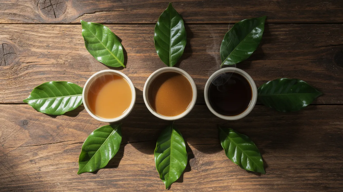 An overhead view of a wooden table showcases three small cups of brewed coffee, each varying in shade from light amber to dark brown, symbolizing different coffee origins and flavor profiles. Surrounding the cups are fresh green coffee leaves, highlighting the connection between the coffee beans and their growing regions.