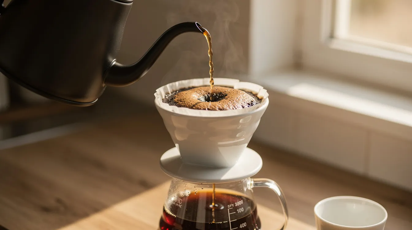 The image shows a pour-over coffee dripper with hot water cascading over freshly ground coffee beans, filling a glass carafe below. This brewing method highlights the importance of grind consistency for achieving a delicious cup of coffee.
