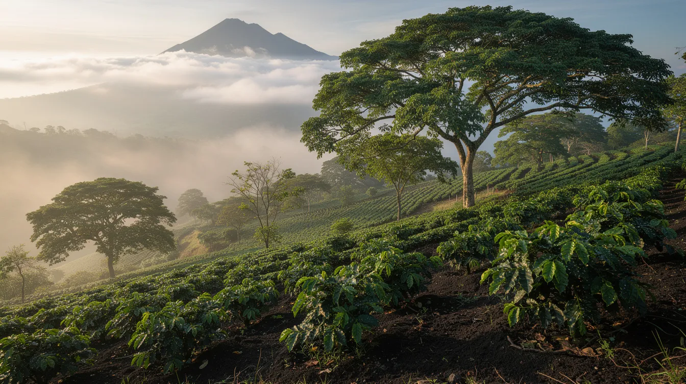 The image depicts a lush green coffee farm on a misty volcanic hillside, featuring rows of coffee plants thriving under the shade of trees. This picturesque scene highlights the beauty of Indonesian coffee production, showcasing the rich environment where coffee beans, particularly Arabica varieties, are cultivated.