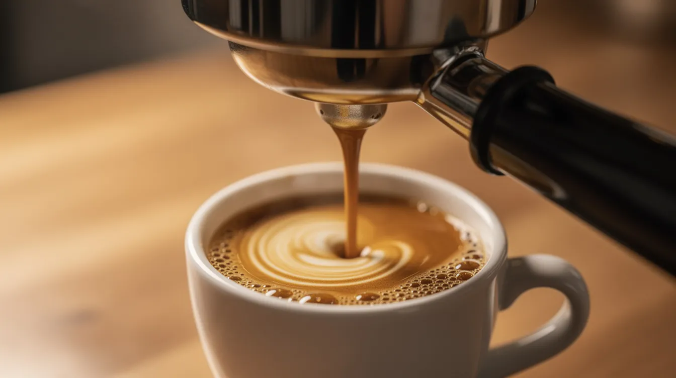A rich, dark espresso is being pulled into a ceramic cup, with a thick layer of crema forming beautifully on the surface, showcasing the quality of the coffee and the precision of the espresso machine used. This image captures the essence of a perfect brew, appealing to coffee enthusiasts and espresso lovers alike.