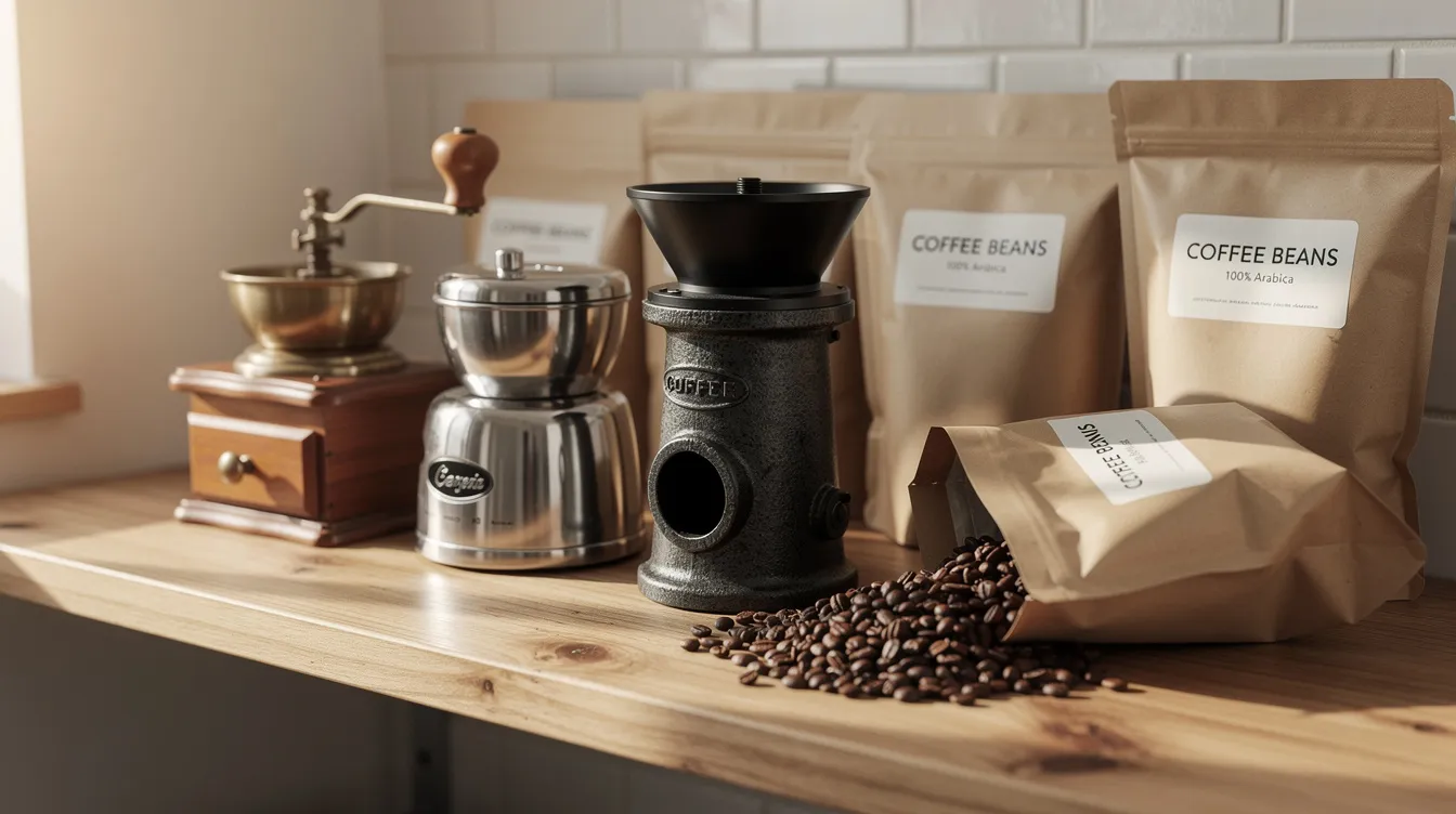 The image features a variety of coffee grinders, including the Baratza Encore ESP and Breville Smart Grinder Pro, neatly arranged on a wooden kitchen shelf alongside bags of coffee beans. This setup showcases different styles of grinders suitable for various brew methods, highlighting their grind settings and quality for coffee lovers.