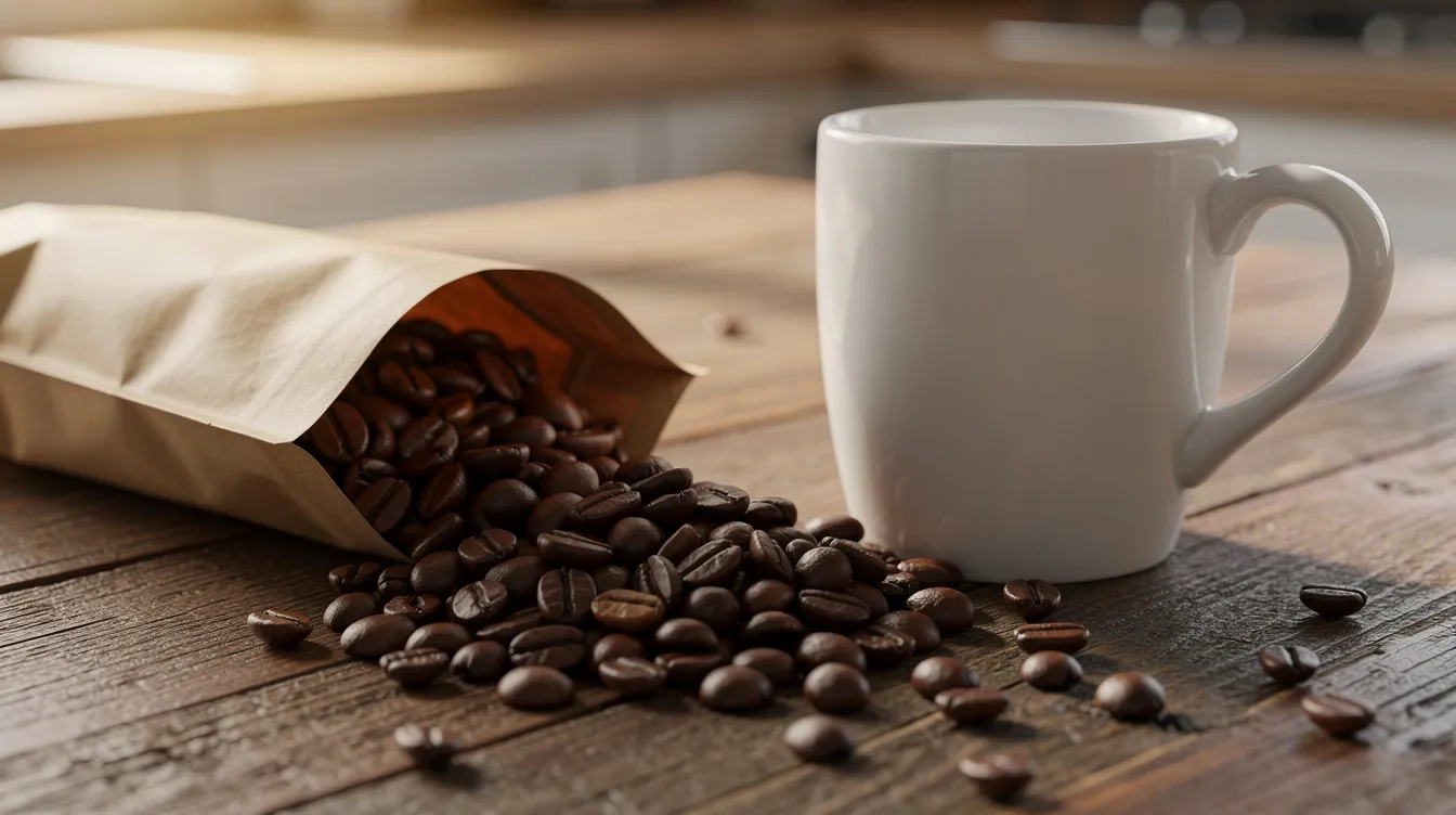 A bag of freshly roasted whole coffee beans is spilling onto a wooden kitchen counter, with a ceramic mug nearby, ready for brewing a great cup of coffee. The scene captures the rich, dark roast aroma of specialty coffee, inviting coffee lovers to enjoy the unique flavors of freshly brewed coffee.