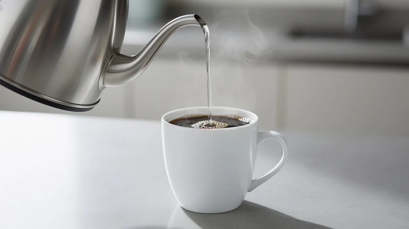 A gooseneck kettle is pouring steaming water into a white ceramic mug filled with dark instant coffee granules, ready to create a rich and flavorful cup of freshly brewed coffee. This scene captures the essence of making a pleasant cup of the best instant coffee, perfect for busy mornings.
