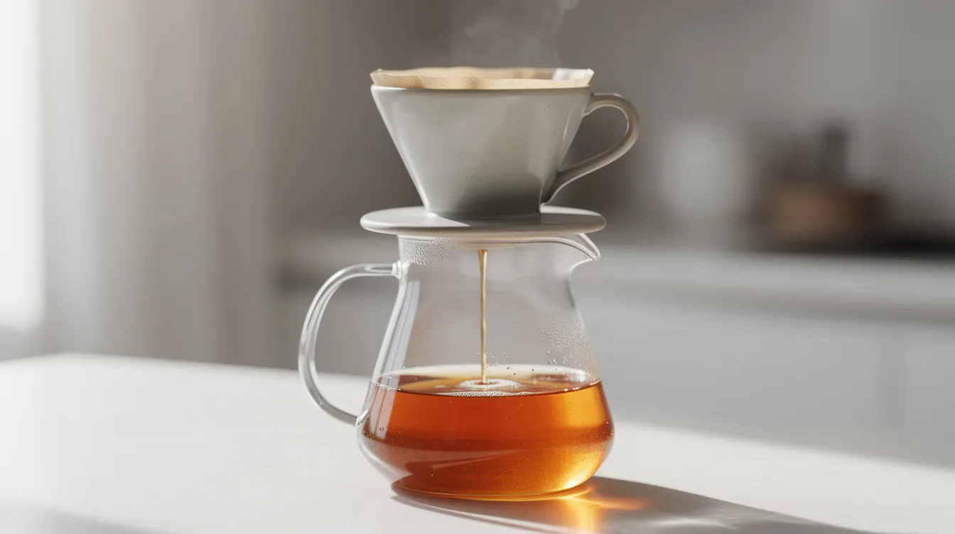 A ceramic pour-over dripper is perched on a glass carafe, with freshly brewed light amber coffee dripping through, showcasing the rich aroma of freshly roasted light roast coffee beans. The scene highlights the delicate process of brewing, perfect for coffee lovers seeking great light roast coffee.