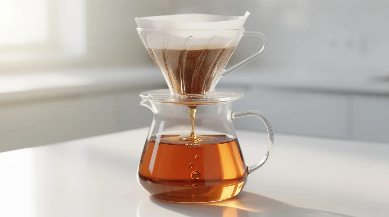The image features a glass pour-over coffee dripper, with light amber coffee slowly dripping into a glass carafe on a clean white countertop. This setup highlights the art of brewing specialty coffee, appealing to coffee enthusiasts who appreciate freshly roasted beans and the delicate flavors of great coffee.