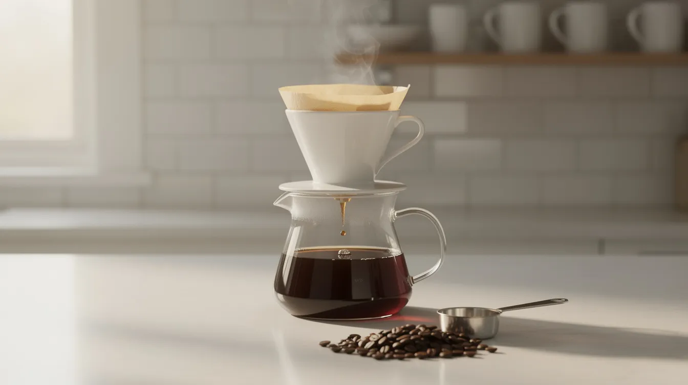The image features a pour-over coffee setup on a pristine kitchen counter, illuminated by soft morning light. It includes a ceramic dripper and a glass carafe, suggesting a focus on brewing quality coffee, possibly utilizing a Fellow Ode Gen 2 grinder for achieving the perfect grind consistency with coffee beans.