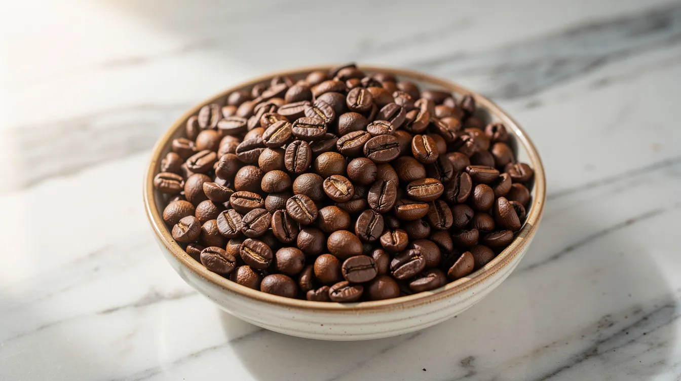 A bowl of freshly roasted medium-brown coffee beans sits on a light marble surface, ready to be ground for brewing. These coffee beans can be used in various brewing methods, including the aeropress, to create a delicious cup of coffee.