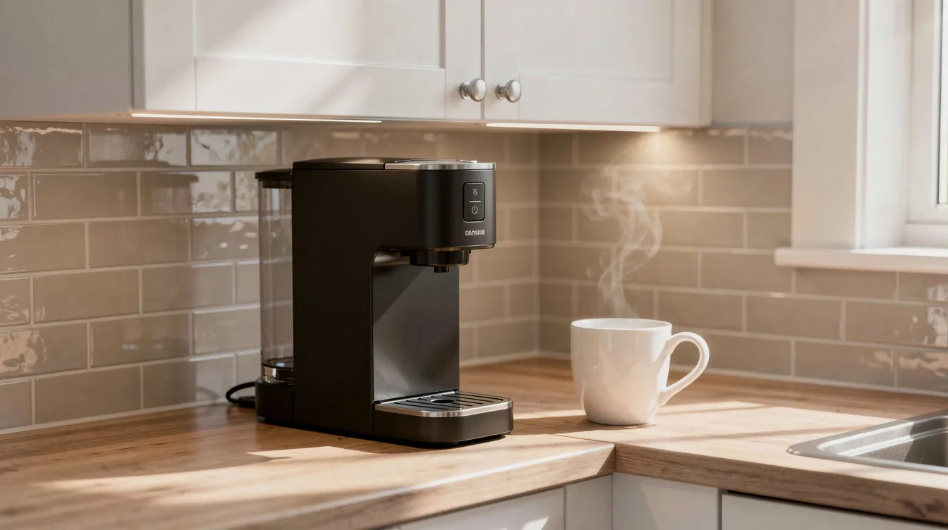 The image shows a compact coffee maker positioned neatly under a low kitchen cabinet, accompanied by a small mug, ideal for brewing delicious coffee. This thermal carafe coffee maker is perfect for those who enjoy hot, flavorful coffee in a convenient space.