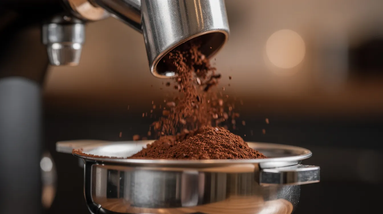 A close-up view captures freshly ground coffee cascading from a burr grinder into a portafilter basket, highlighting the rich, dark texture of the coffee grounds, perfect for espresso enthusiasts and coffee lovers alike. This scene embodies the essence of a home coffee setup, showcasing essential coffee equipment for brewing the perfect cup.