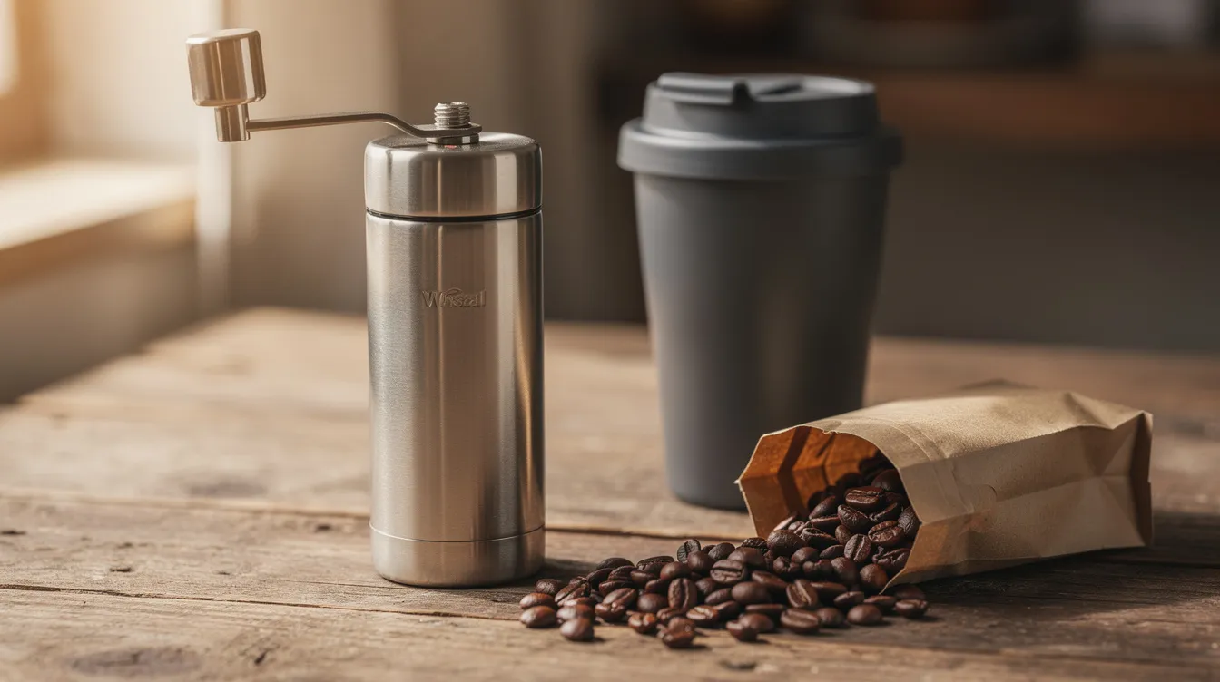 A compact stainless steel manual coffee grinder sits on a wooden table beside a travel mug and a small bag of coffee beans, perfect for coffee lovers looking to grind fresh coffee beans for their favorite brewing methods. The grinder features a grinding chamber and a catch cup for easy use, making it an ideal choice for espresso enthusiasts and those seeking a great budget coffee grinder.