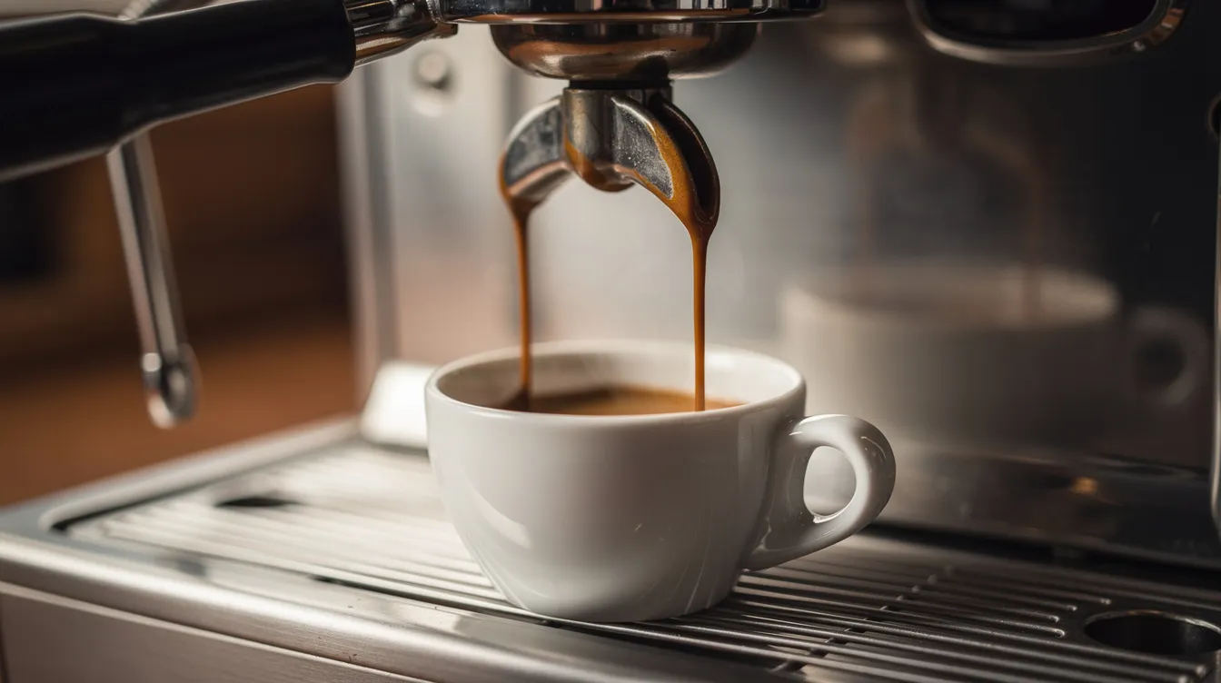 A double shot of rich, dark espresso is being extracted from a semi-automatic espresso machine, flowing smoothly into a small ceramic cup. This moment captures the essence of the brewing process, appealing to coffee lovers who appreciate the perfect espresso shot.