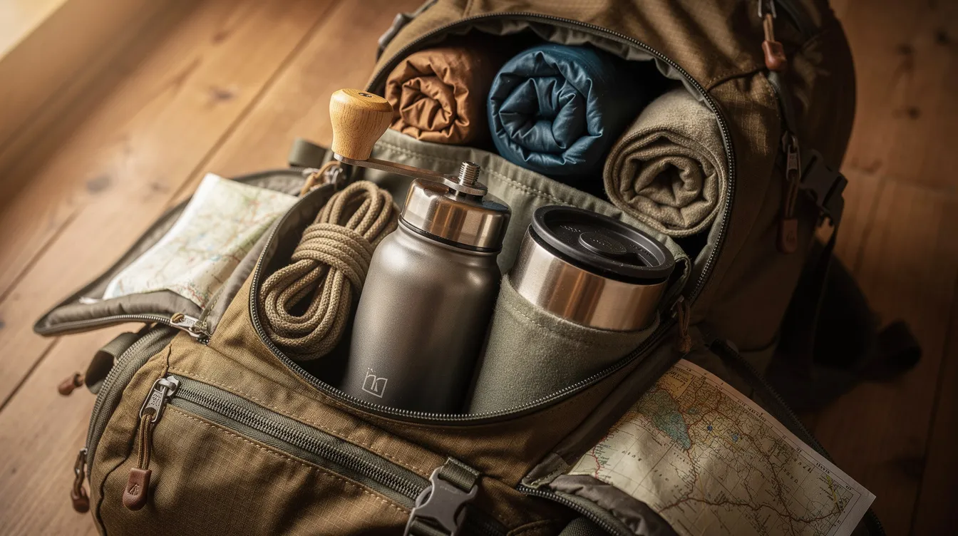 An open backpack reveals a small manual coffee grinder alongside a travel mug and camping gear, showcasing the perfect setup for coffee lovers on the go. The sturdy hand grinder, designed for consistent grind quality, is ideal for brewing methods like French press or espresso, making it a favorite among coffee enthusiasts.