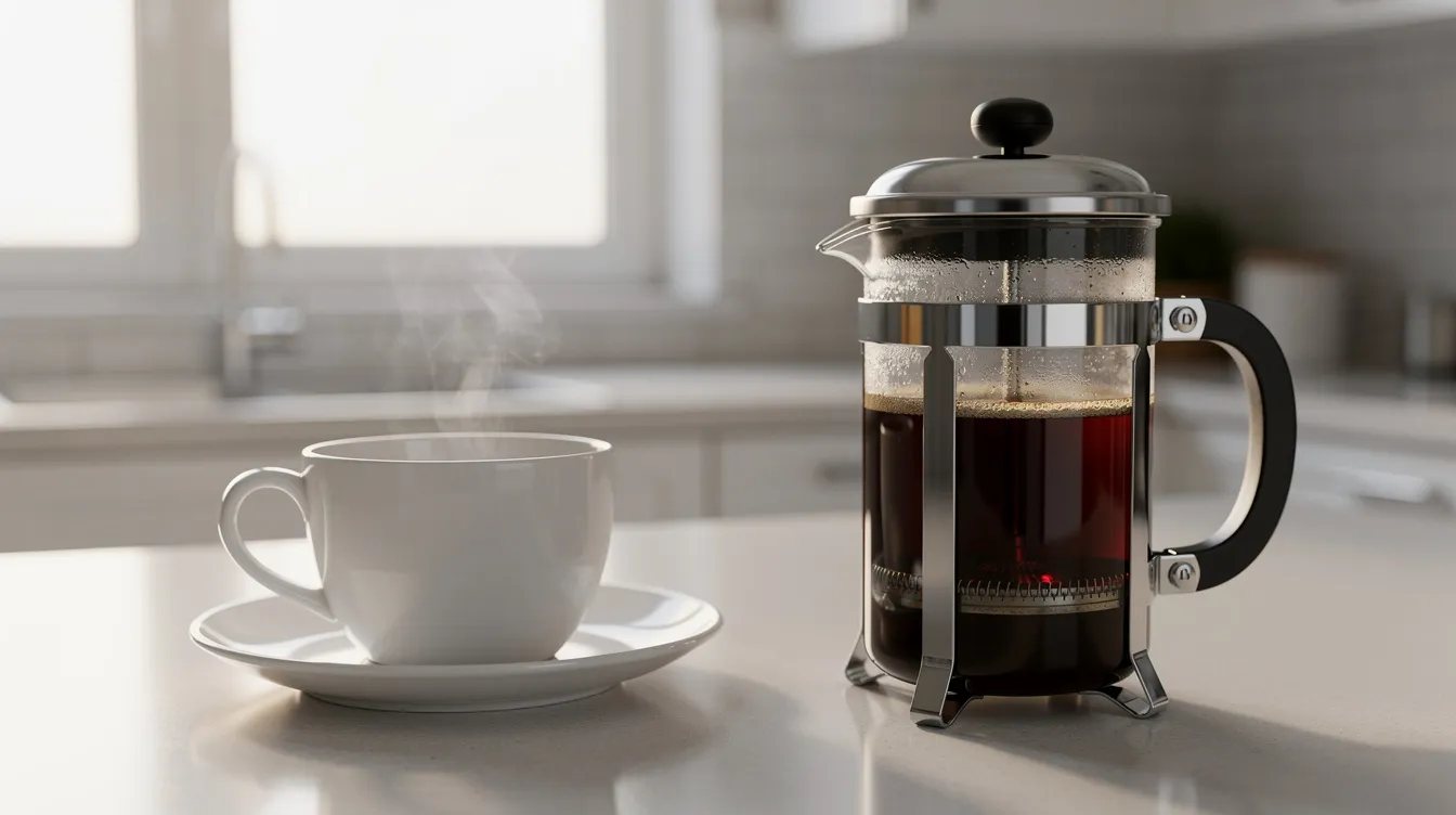 A French press coffee maker sits beside a white ceramic cup on a kitchen counter, ready for brewing freshly roasted coffee. The scene evokes the rich aroma of dark roast coffee beans, perfect for enjoying a smooth cup of coffee.