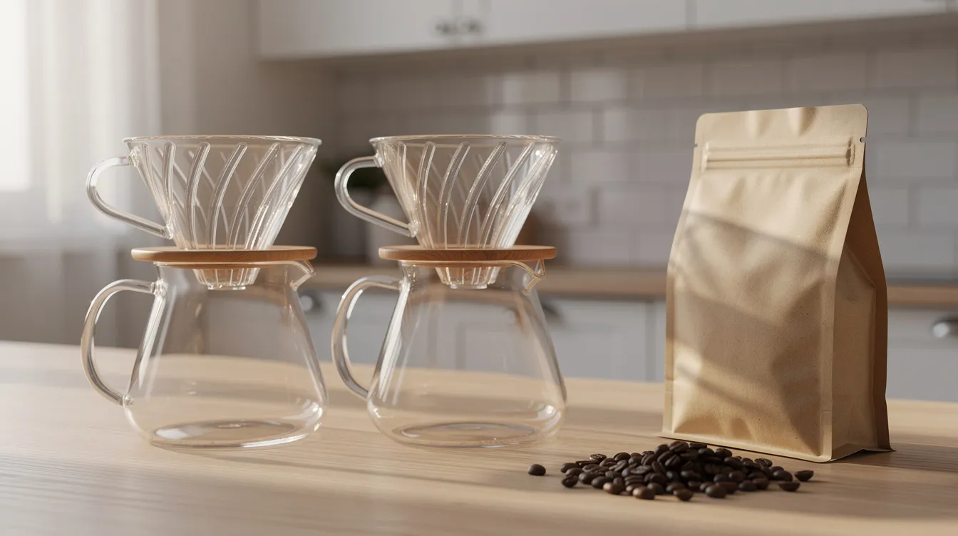 The image features two manual coffee brewers, an Aeropress and a French press, placed side by side on a light wood kitchen countertop, with a bag of whole coffee beans nearby. This setup highlights the different brew methods for making great coffee, showcasing the classic French press coffee alongside the relative newcomer, the Aeropress.