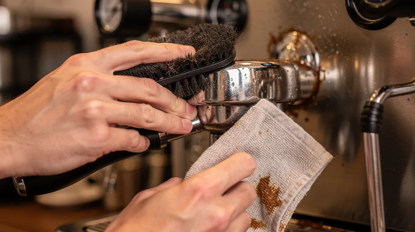 A pair of hands is seen cleaning the group head of an espresso machine with a brush and cloth, ensuring the appliance remains in top condition for brewing quality espresso. This maintenance is essential for home baristas looking to enhance their coffee experience with machines like the Gaggia Classic Pro or Breville Bambino.