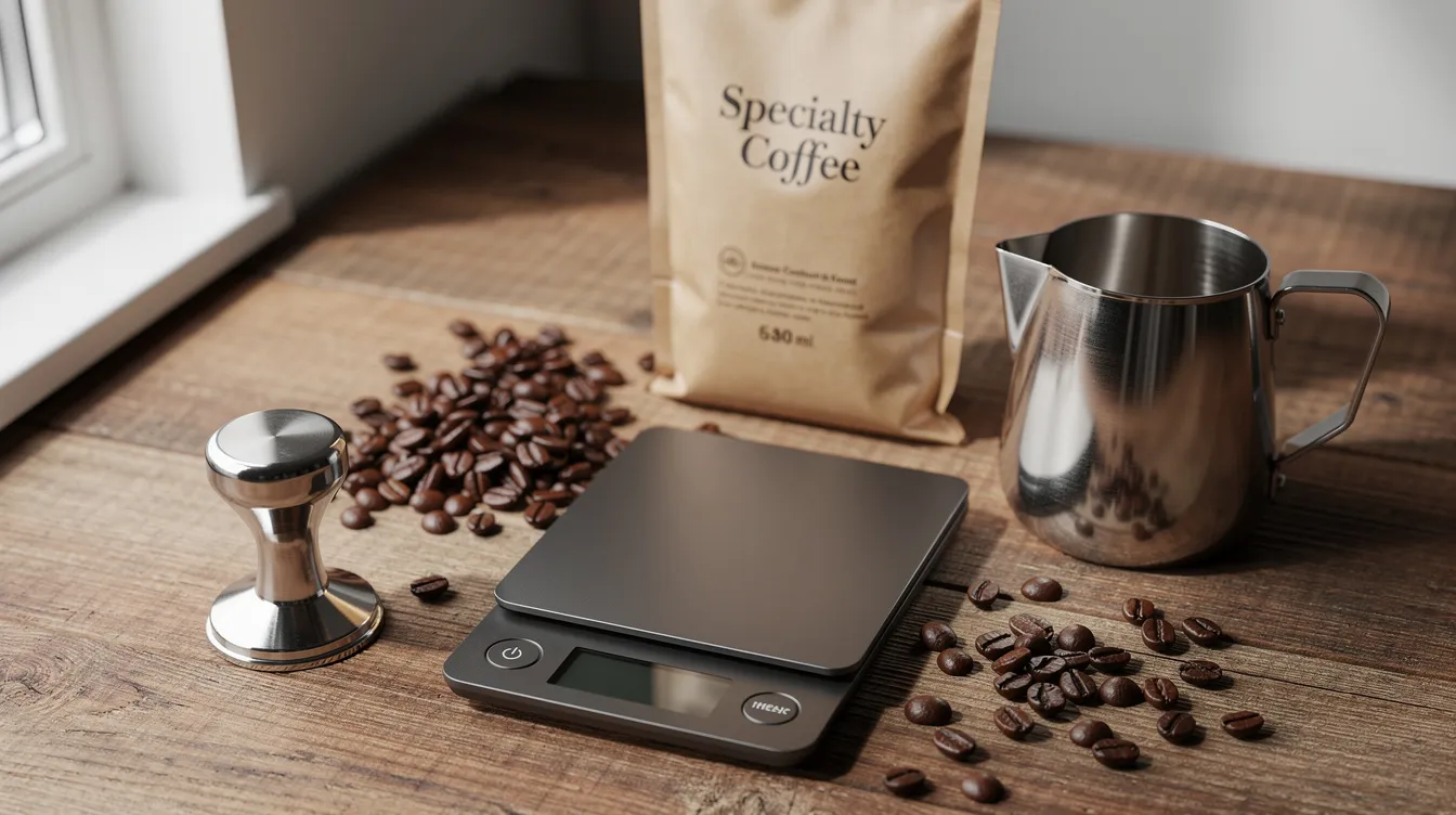 An arrangement of espresso accessories is displayed on a wooden surface, including a tamper, scale, milk pitcher, and a bag of coffee beans, perfect for anyone looking to enhance their espresso brewing experience. This setup is ideal for beginners exploring the world of quality espresso and milk-based drinks.