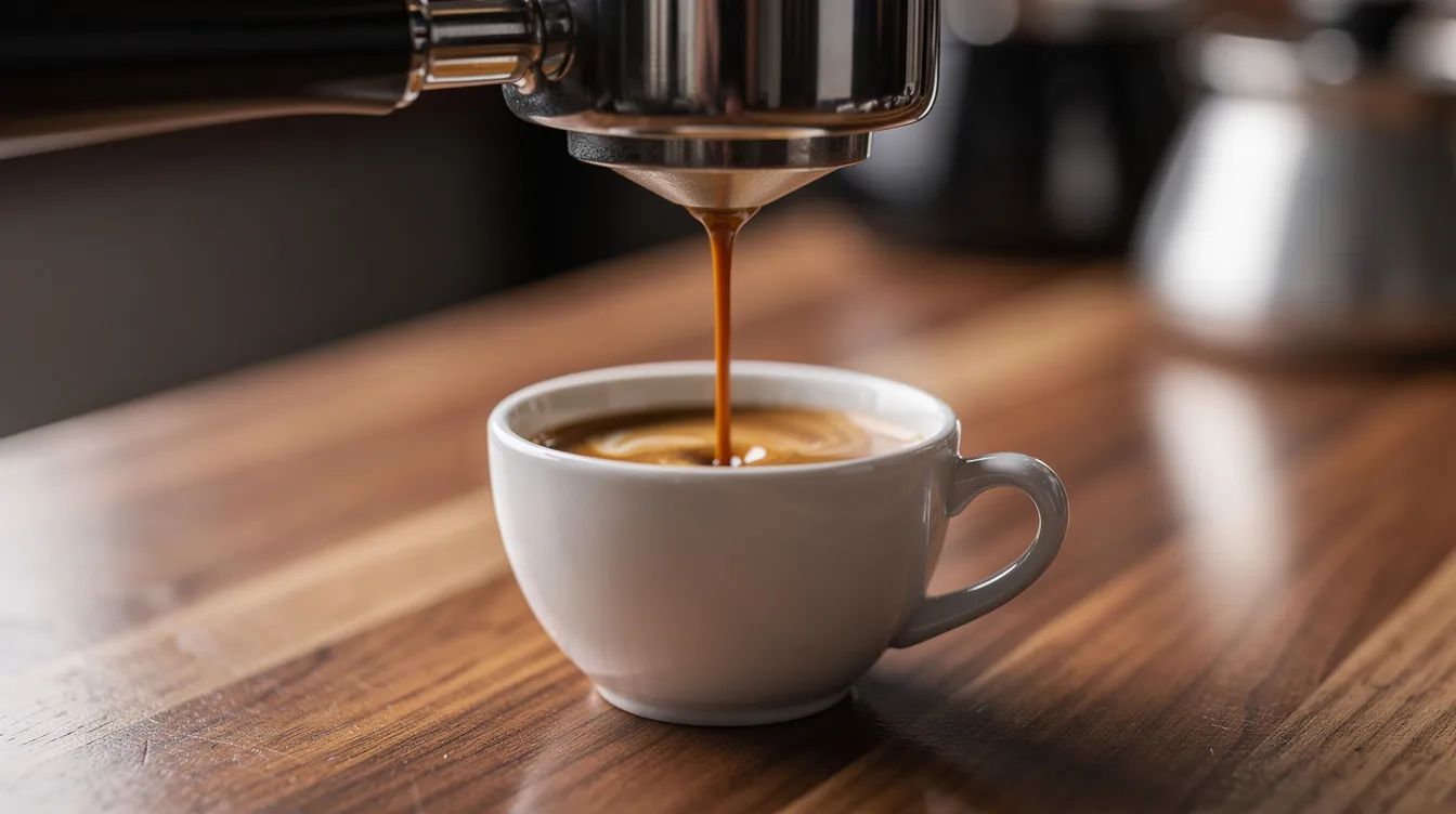 A close-up view captures rich espresso flowing from a bottomless portafilter into a white ceramic cup, set against a rustic wooden counter. The image highlights the brewing process, showcasing the importance of an espresso grinder for achieving fine grinds and optimal extraction for coffee lovers.