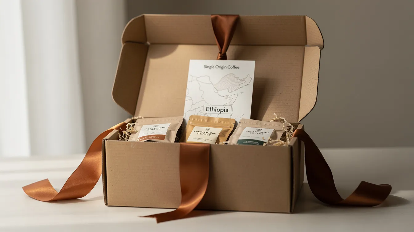 The image features a beautifully arranged coffee subscription gift box, with a vibrant ribbon tied around its lid. Inside, you can see an origin postcard alongside a selection of freshly roasted coffee beans, suggesting a delightful experience for coffee lovers exploring single origin coffee options.