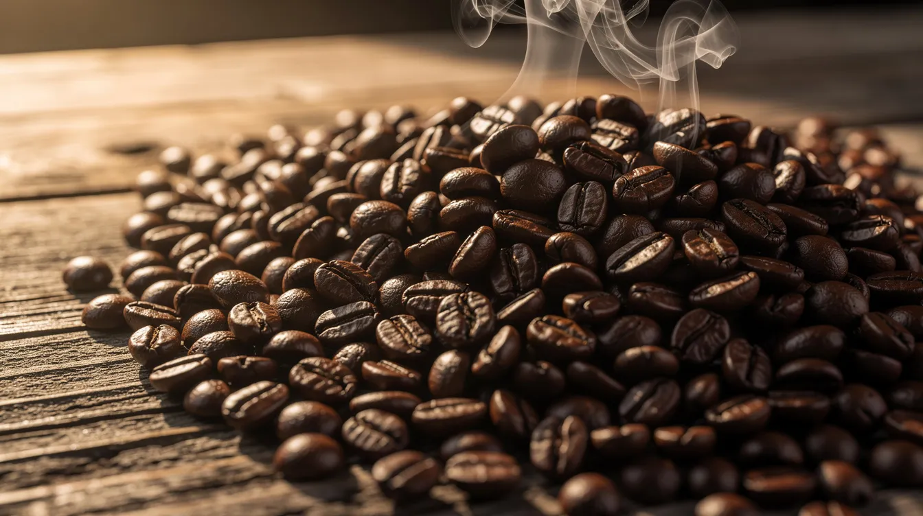 The image features freshly roasted dark coffee beans scattered across a rustic wooden surface, with steam rising from them, suggesting their rich aroma and warmth. These beans represent the high-quality Nicaraguan coffee known for its smooth body and well-balanced flavor profile.