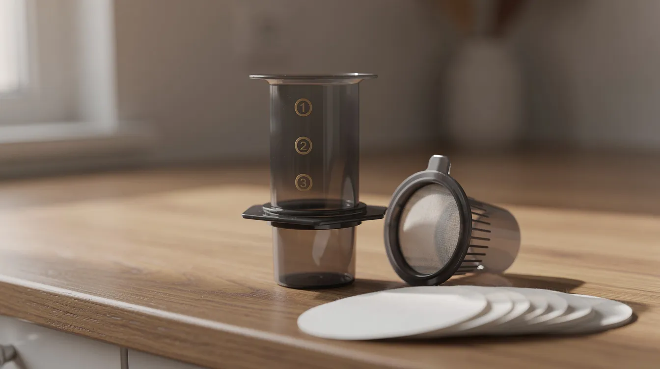 A close-up of an AeroPress coffee maker showcases its plunger, brew chamber, filter cap, and paper filters neatly arranged on a wooden countertop, ready for coffee brewing. This setup highlights the essential components needed to brew a delicious cup of coffee using the Aeropress method.