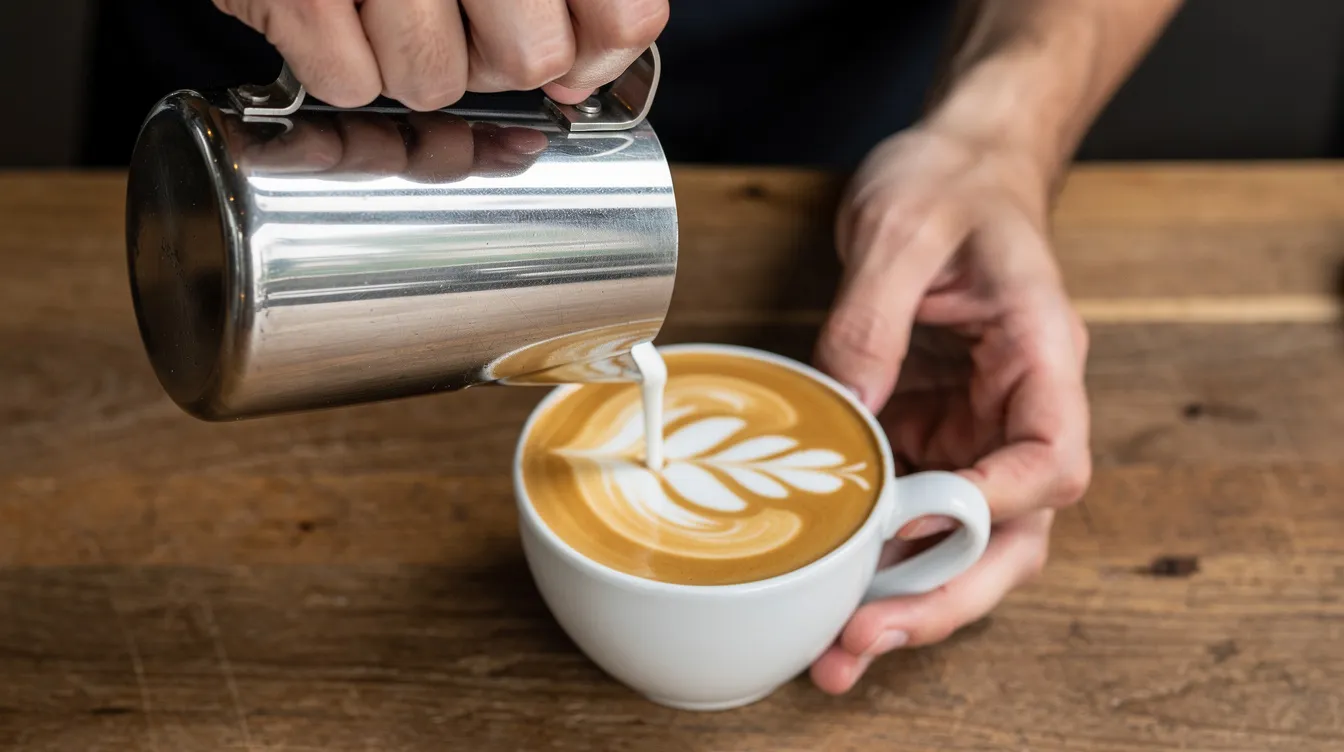 A pair of hands delicately pours steamed milk from a stainless steel pitcher into a white ceramic latte cup, skillfully creating a beautiful rosetta latte art pattern. This scene captures the artistry of milk frothing, a cherished technique among coffee drinkers and espresso enthusiasts.