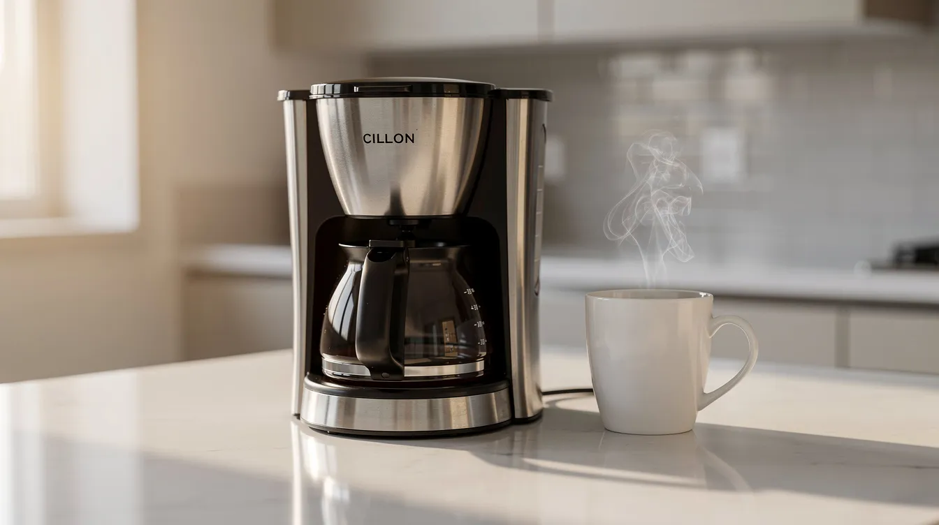 A modern drip coffee maker sits on a clean kitchen counter, accompanied by a steaming ceramic mug filled with hot coffee. This setup highlights the convenience of automatic drip coffee makers for brewing flavorful cups of coffee.