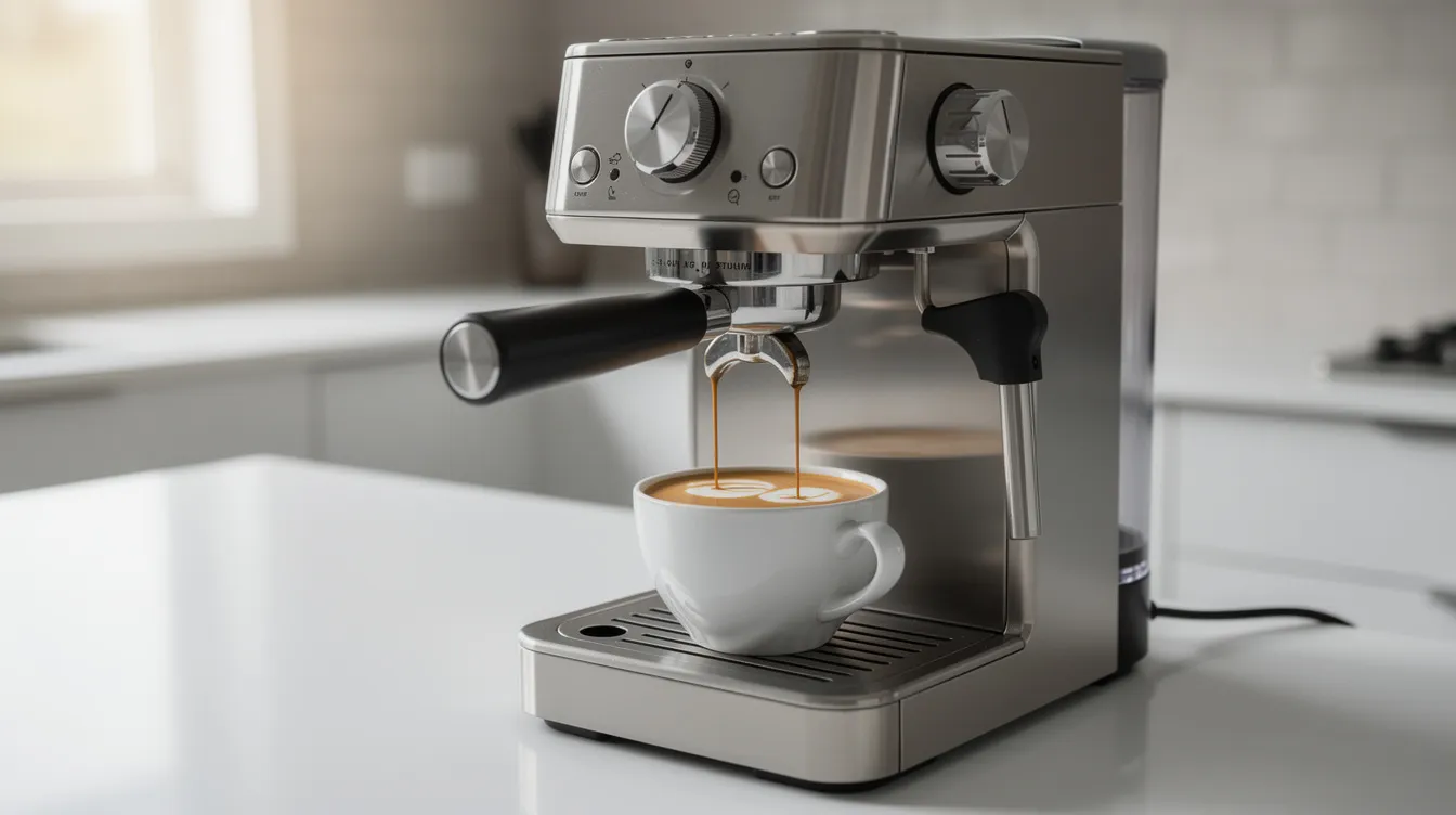 A sleek home espresso machine is positioned on a spotless kitchen counter, actively pulling a double shot of delicious espresso into a white ceramic cup, showcasing the brewing process and the rich crema that forms atop the espresso. The scene highlights the elegance of high-end espresso machines in a cozy home setting.