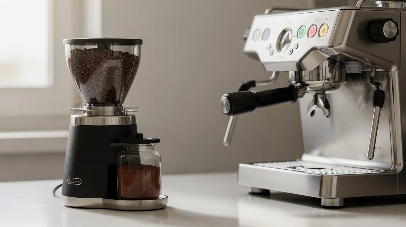 The image features a compact conical burr coffee grinder, specifically a Baratza Encore ESP, positioned on a clean kitchen counter beside an espresso machine. The grinder, designed for coffee lovers, showcases its dosing cup and grind settings, emphasizing its versatility for both espresso and drip coffee brewing methods.