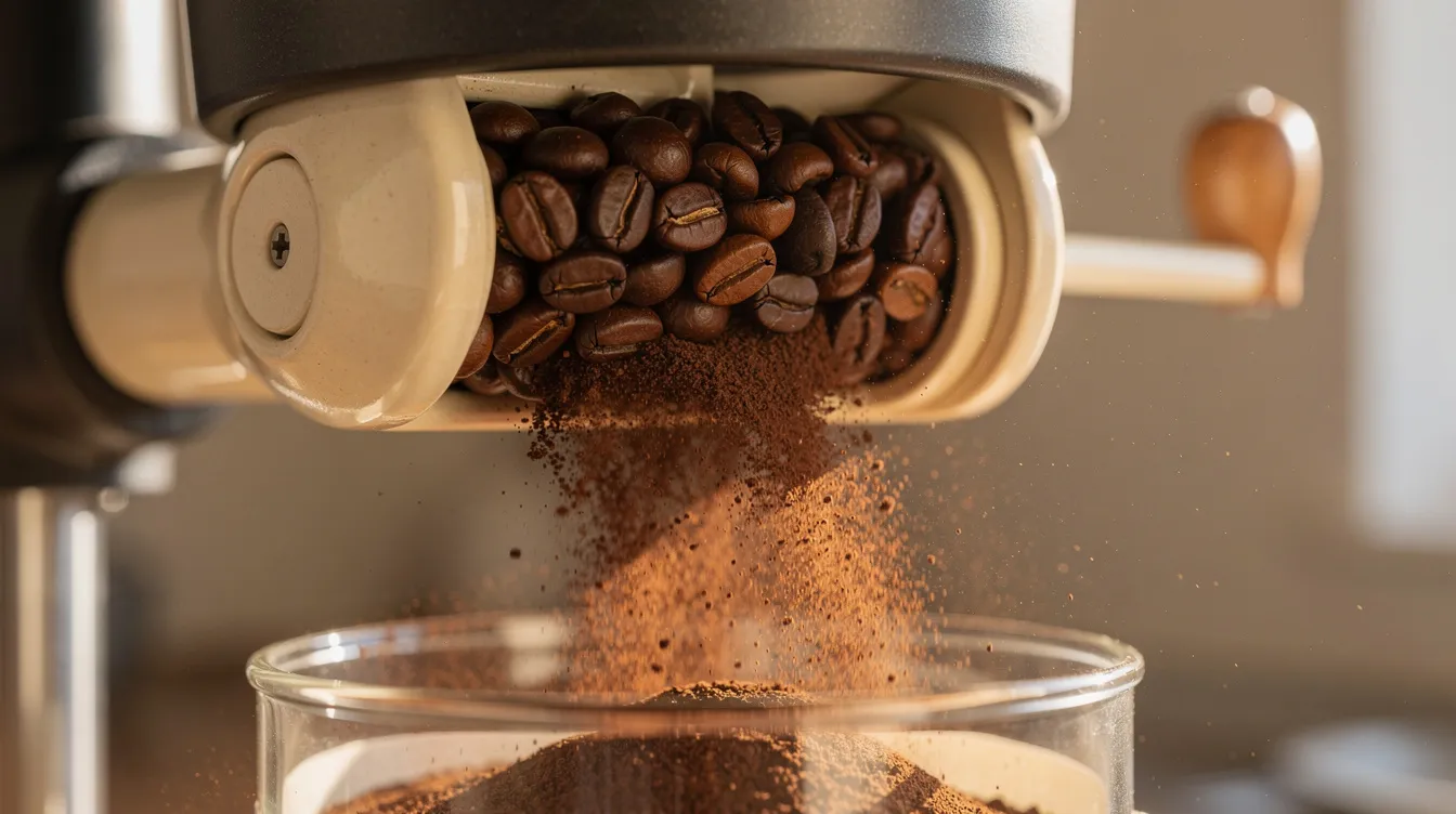A close-up view captures whole Ethiopian coffee beans being ground in a ceramic burr grinder, with fine particles cascading into a glass container below. The scene highlights the rich aroma and texture of these specialty coffee beans, known for their pleasant acidity and vibrant flavor profile.