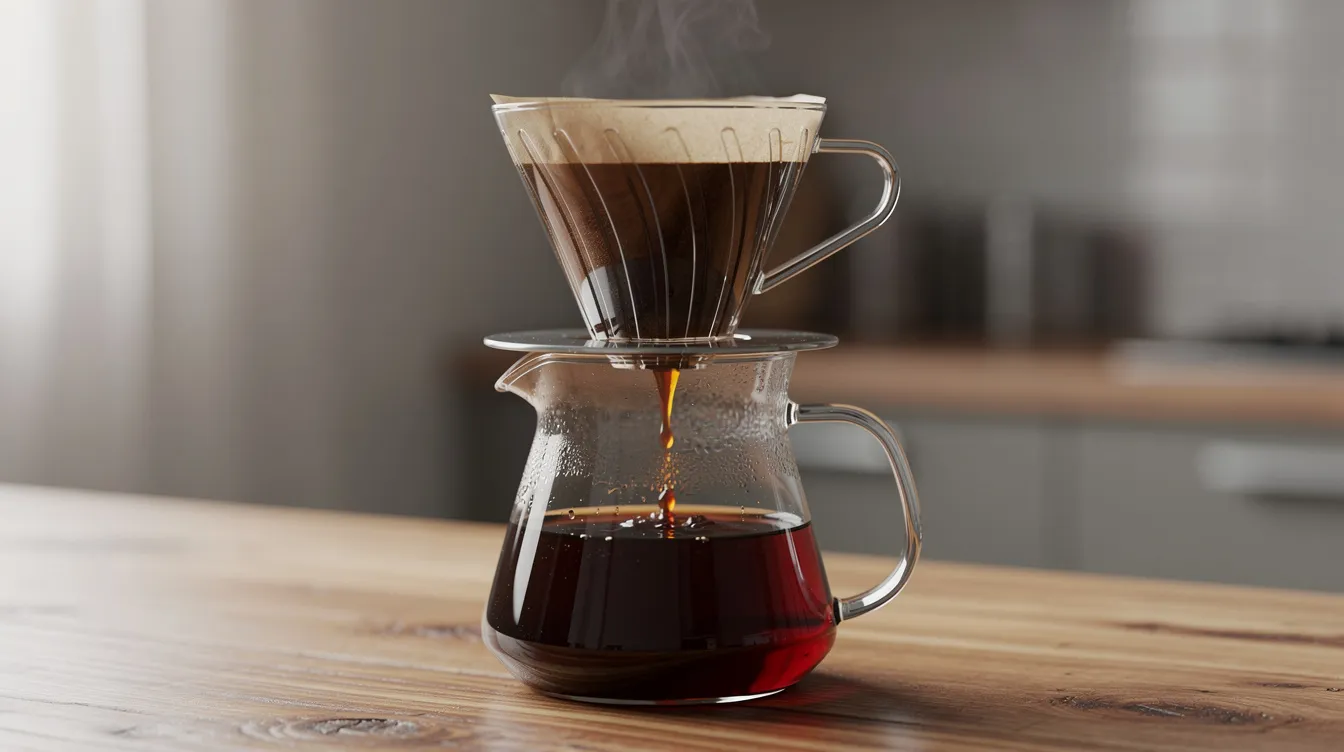 A glass pour-over dripper sits atop a wooden counter, with rich honduran coffee streaming into a glass carafe below. The scene captures the essence of a coffee shop experience, highlighting the fresh roasted coffee that is carefully brewed for an awesome cup.