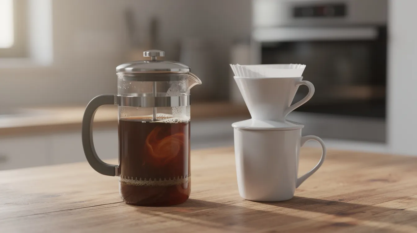 The image shows a glass French press filled with steeping coffee, showcasing the rich coffee oils and grounds, positioned next to a ceramic pour over dripper on a wooden kitchen counter. This setup highlights two popular brewing methods, emphasizing the contrast between the French press and pour over techniques for coffee lovers seeking the best cup.