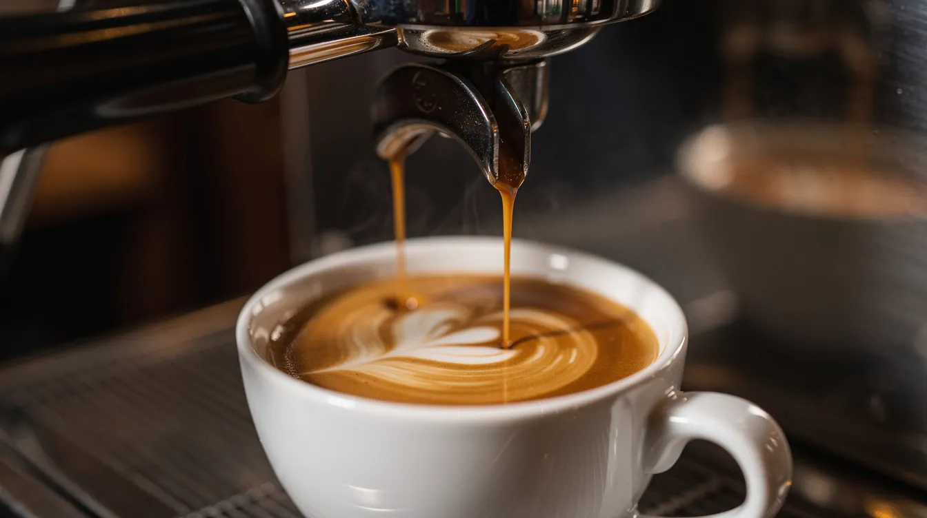 An espresso machine is shown pulling a shot of coffee, with rich crema forming in a small ceramic cup, highlighting the beauty of freshly roasted coffee beans. The image captures the essence of specialty coffee, perfect for those seeking the best espresso beans for their morning brew.