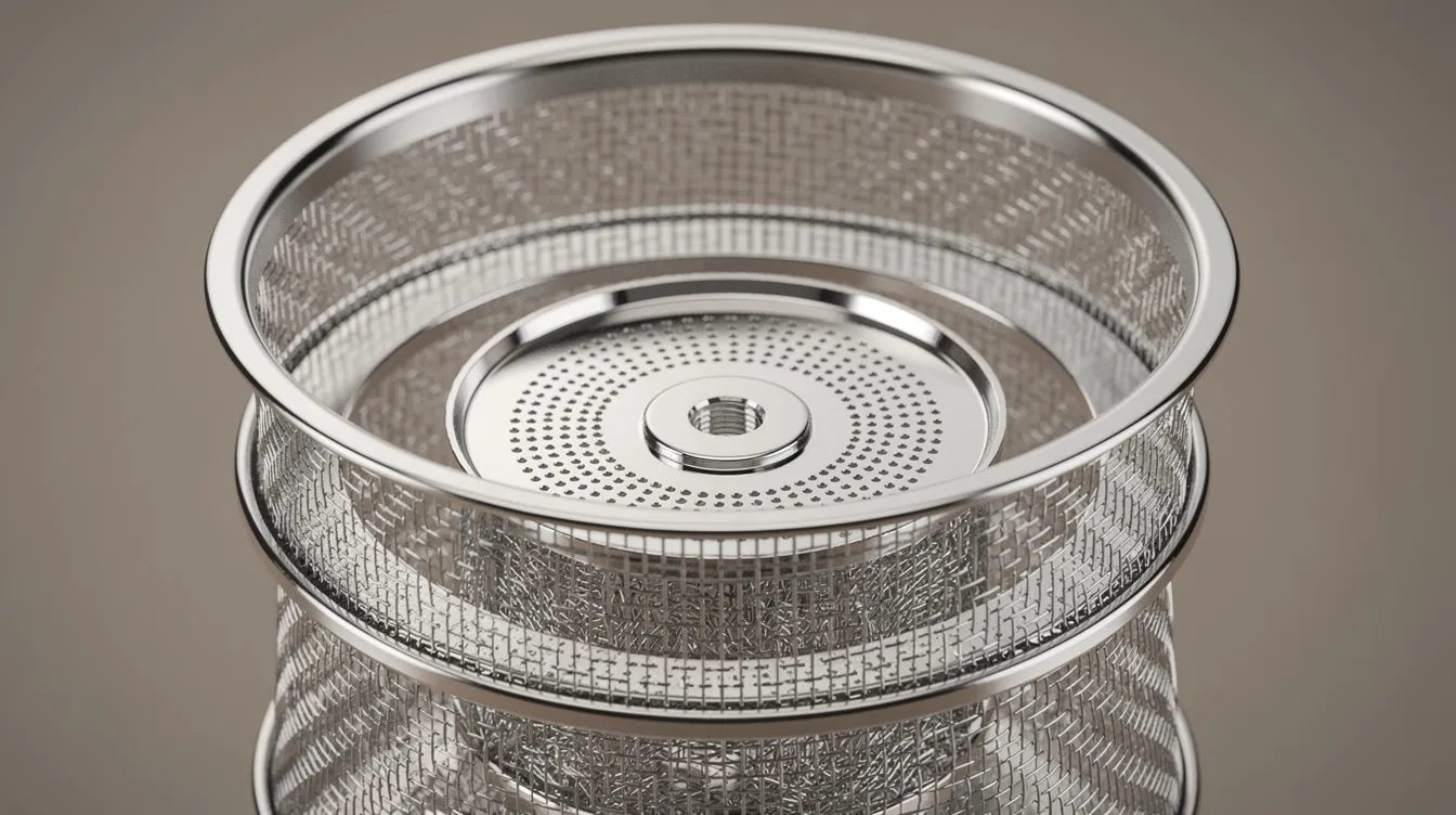 The image features a close-up view of a double-filter mesh basket designed for a French press, showcasing fine metal mesh layers that ensure superior filtration for smooth, grit-free coffee. This essential component of stainless steel French presses enhances the brewing process, allowing for flavorful coffee with better heat retention.