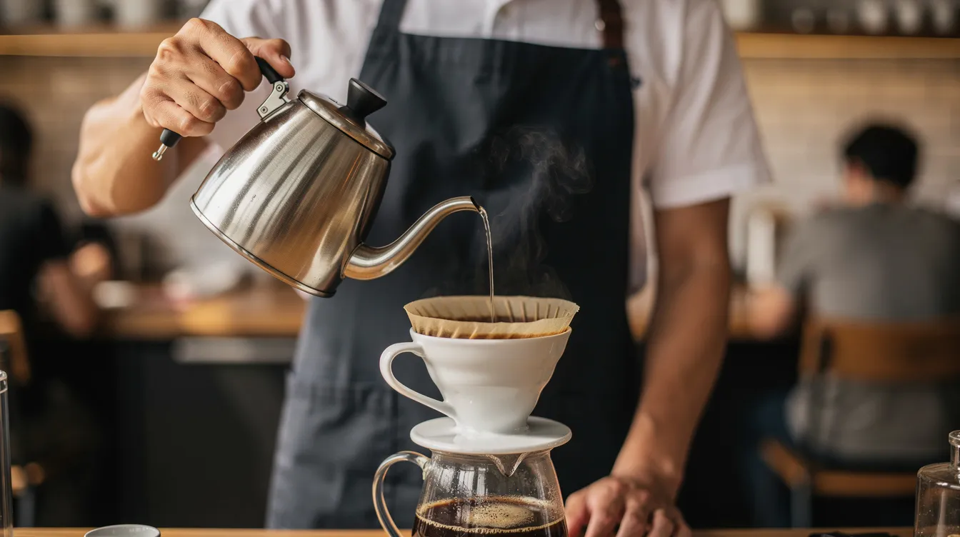 A skilled barista is pouring hot water from a gooseneck kettle over a ceramic pour-over dripper, creating freshly brewed coffee as steam rises from the cup below. The scene captures the artistry of brewing, highlighting the importance of quality coffee beans and the experience of coffee drinkers enjoying a solid cup of their favorite brew.