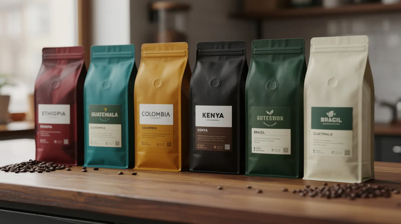The image features a vibrant assortment of freshly roasted coffee bags from various origins, elegantly arranged on a wooden countertop. This display showcases specialty coffee options for coffee lovers, highlighting the diversity of flavors and roast levels available through coffee subscription services.