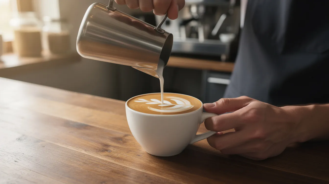 A barista skillfully pours steamed milk into a rich espresso shot, creating intricate latte art in a ceramic cup resting on a wooden counter. The scene highlights the artistry of milk-based drinks, showcasing the creamy texture and thick crema that enhances the overall coffee experience.