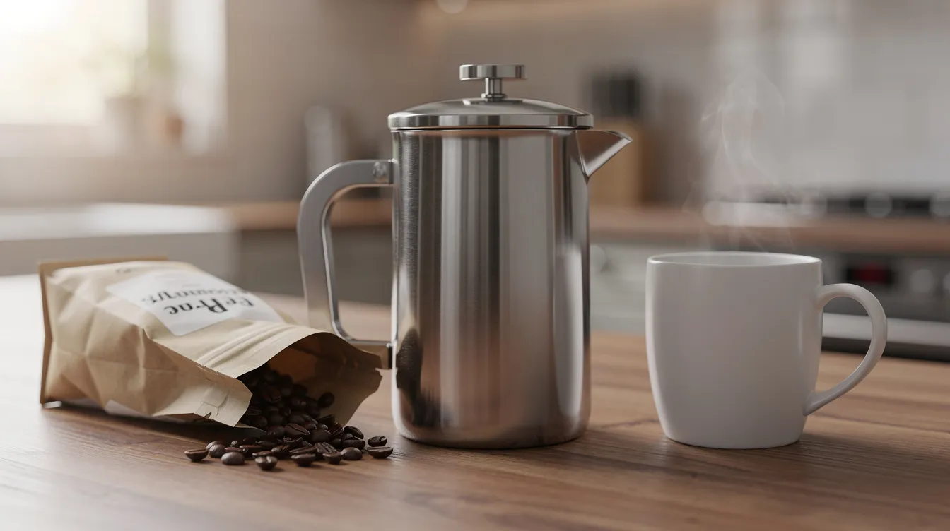 A stainless steel French press coffee maker rests on a wooden kitchen counter, accompanied by a ceramic mug and a bag of coffee beans, ready for the brewing process. The sleek design of the stainless steel body promises better heat retention for flavorful coffee.