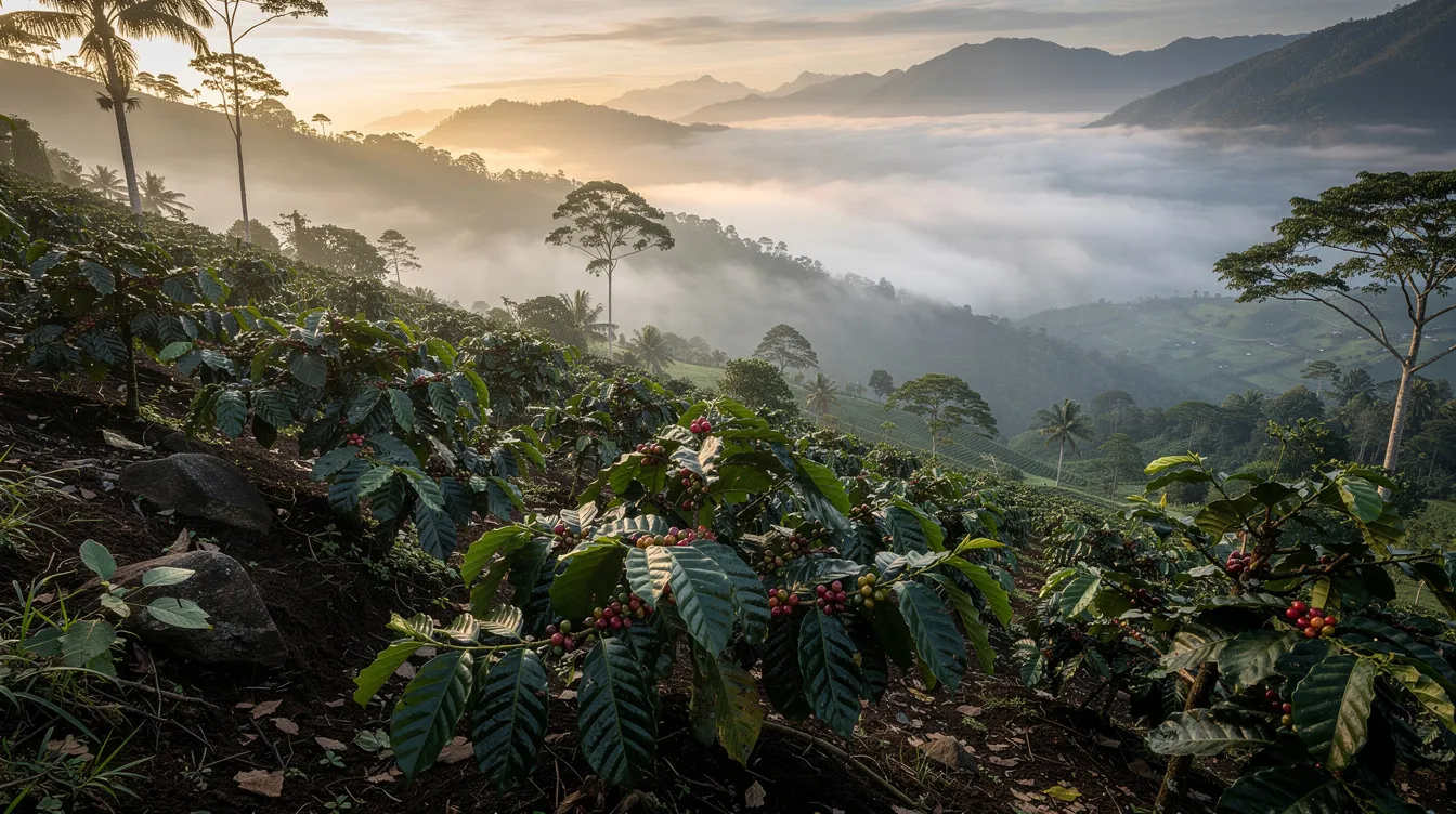 The image depicts lush green coffee plants thriving on a steep, misty hillside in a tropical mountain landscape, showcasing the ideal growing conditions for high-quality arabica beans. This serene setting highlights the beauty of coffee production in South America, particularly in regions known for producing both Brazilian and Colombian coffee.