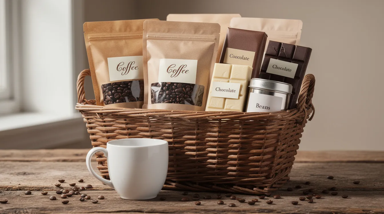 A beautifully arranged gift basket for coffee lovers features bags of coffee beans, a ceramic mug, chocolate bars, and a small canister, all set on a rustic wooden surface. This upscale coffee gift is perfect for any coffee enthusiast or casual coffee drinker looking to enhance their coffee routine.