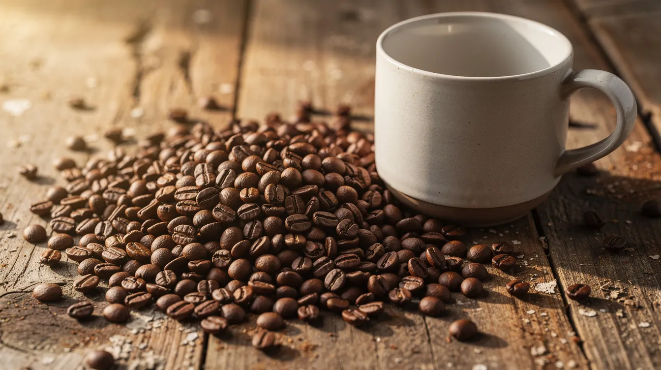 The image features whole coffee beans scattered across a rustic wooden surface, with a ceramic mug nearby, suggesting a cozy coffee experience. This scene evokes the essence of freshly roasted coffee, perfect for coffee lovers seeking to enjoy their favorite beans.