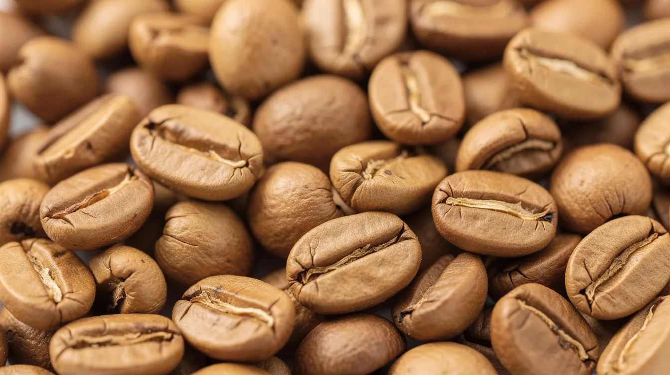 A close-up image showcases light-roasted coffee beans with a dry, light brown surface, highlighting their texture and color, which are essential for coffee drinkers seeking the best coffee for drip coffee makers. These beans promise a great tasting coffee experience when brewed, making them ideal for enthusiasts of various brewing methods like drip coffee and pour over.