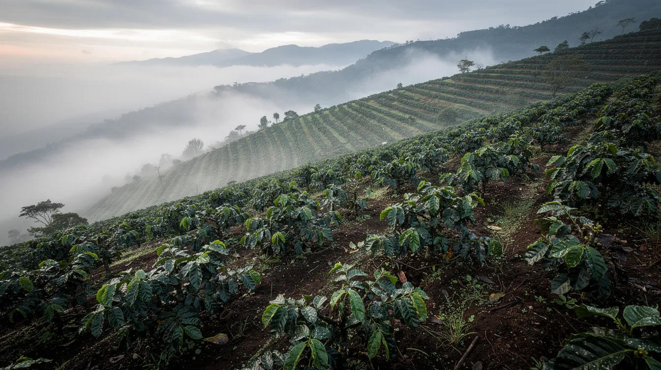 The image depicts lush coffee plants growing in neatly arranged rows on a misty mountainside plantation, highlighting the beauty of coffee cultivation. This serene landscape showcases the thriving coffee industry, where coffee beans develop under ideal conditions, contributing to the rich history of coffee.