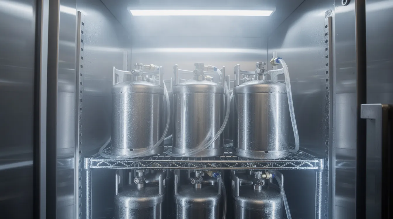 The image features stainless steel cold brew kegs and containers neatly arranged inside a commercial refrigerator, showcasing essential equipment for hospitality businesses like cafes and restaurants to efficiently serve cold brew coffee to their customers. This setup highlights the growing popularity of cold brew in recent years, emphasizing its role in expanding menu options and enhancing sales.