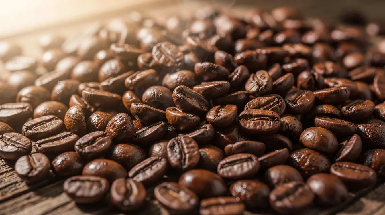 A close-up photograph showcases freshly roasted dark brown coffee beans spread across a wooden surface, illuminated by warm natural light, highlighting the rich color and texture of these specialty Brazilian coffee beans. The image captures the essence of high-quality coffee production, emphasizing their full-bodied profile and balanced acidity.